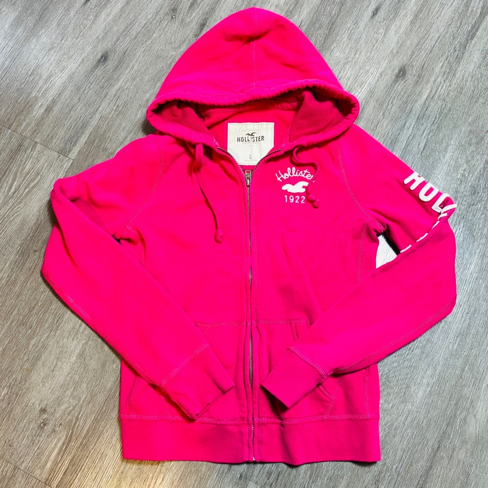Hollister Womens Hot Pink Full Zip Logo Hoodie Sweatshirt Large 2010's